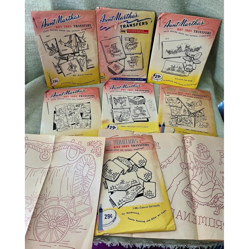 Vintage Aunt Martha's Hot Iron Transfers Lot Animals Kitchen Birds Flowers 7pk